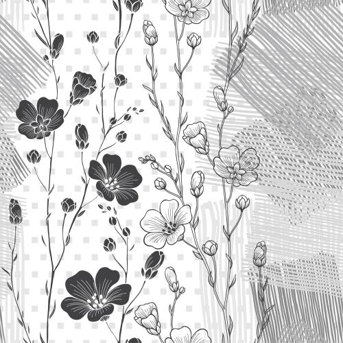 花卉。矢量图 绽放亚麻枝条轮廓与剪影装饰白底方格条纹元素