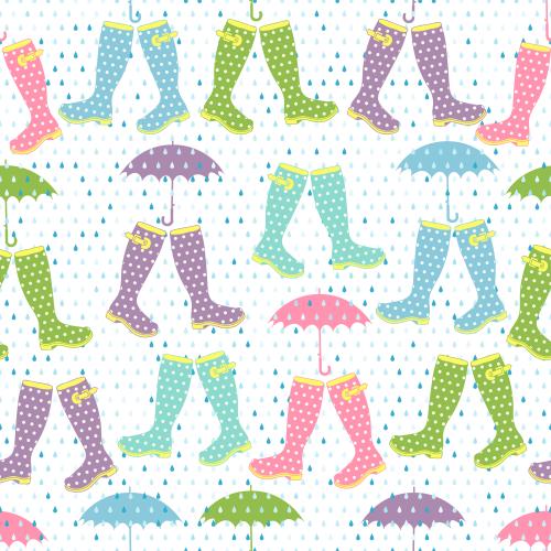 水滴。矢量图 雨，多彩橡胶靴和雨伞