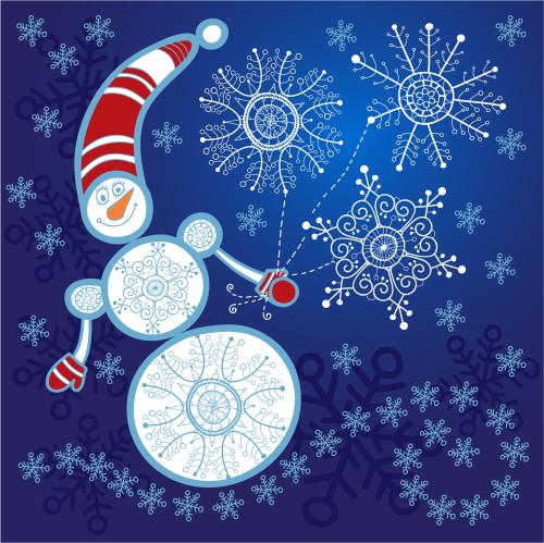 雪人。矢量图 蓝色背景上的雪人和雪花