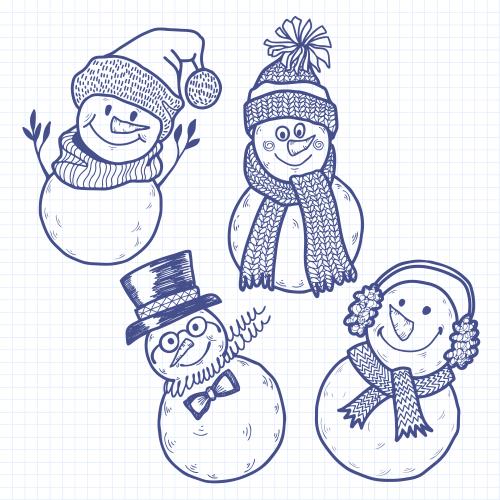 笔记本。矢量图 四种可爱的卡通雪人画在方格纸本上