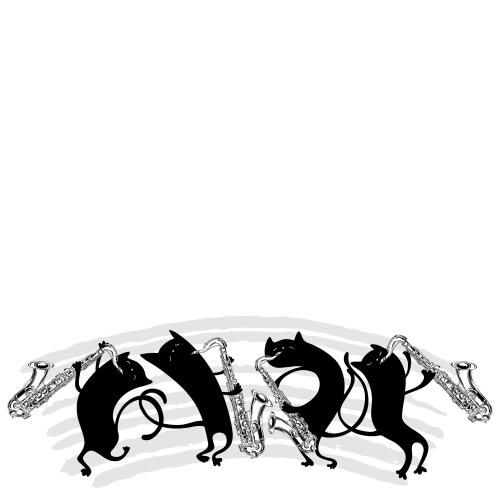 猫。矢量图 卡通风格的黑猫与萨克斯管，白色背景上的文字空间