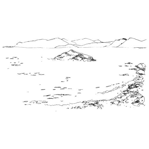 山脉。矢量图 克里米亚奥尔忠尼启则的山脉与大海，白色背景的素描