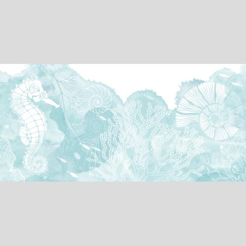 矢量图片 海马、小鱼、鹦鹉螺、海藻和珊瑚在蓝色水彩上
