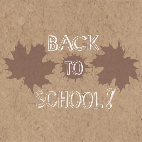 墨渍。矢量图 棕色枫叶轮廓、墨点、标有“back to school”的牛皮纸