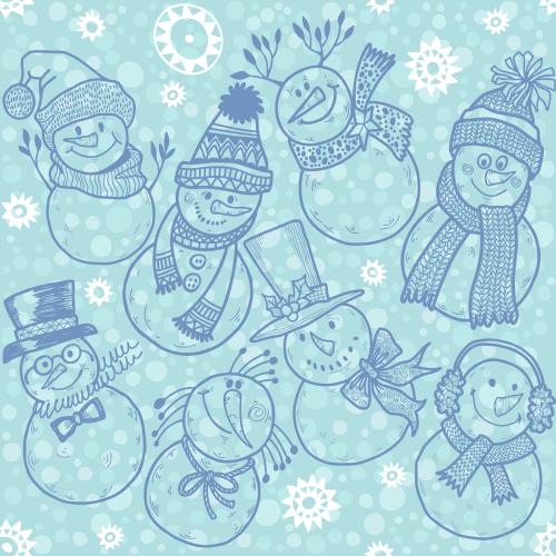 矢量图片 卡通风趣雪人与蓝色波点雪花