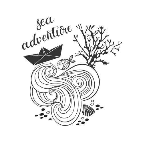 纸船。矢量图 白色水波纹和纸船珊瑚小鱼贝壳组合《Sea Adventure》
