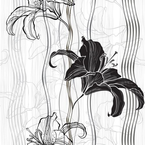 百合。矢量图 百合花的轮廓和边线、直的和波浪形的竖线在白色背景上