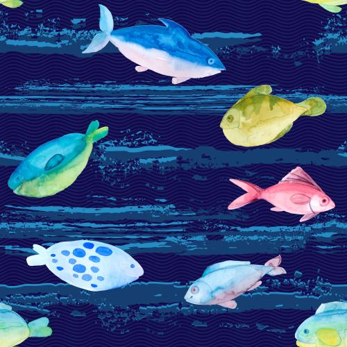 原创位图 彩色水彩小鱼在蓝色的海浪上