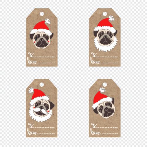 狗。矢量图 带可爱巴哥犬脸的新年帽手工标牌