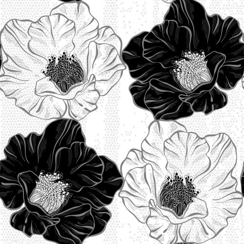 罂粟花。矢量图 马赛克背景上的花朵轮廓和雄蕊图案
