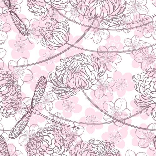 矢量图片 白底菊花樱花蜻蜓图案