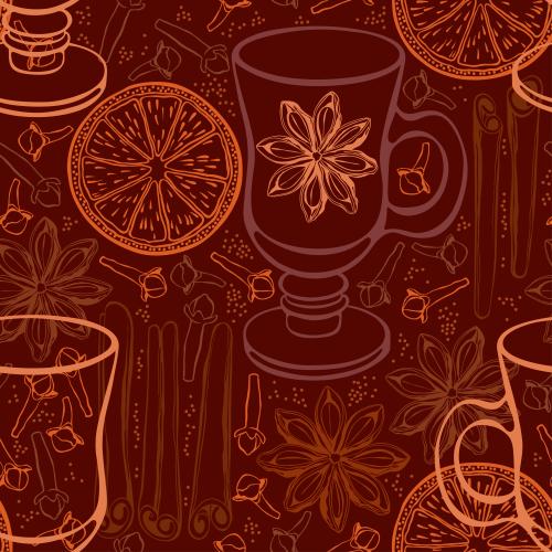 新年。矢量图 热红酒杯, 肉桂棒, 八角, 橙子, 赤霞珠丁香花