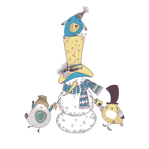 雪人。矢量图 动画雪人有三只可爱的小鸟在白色背景上