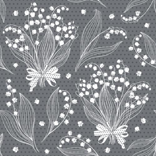 波尔卡圆点。矢量图 铃兰、带蝴蝶结的花束、灰色底白点花纹单枝花