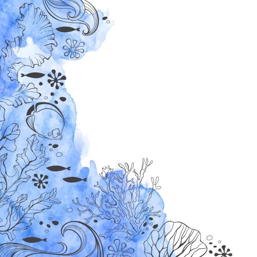珊瑚。矢量图 海底世界，鱼，海藻，珊瑚，蓝色水彩上的波浪，白色文字区域