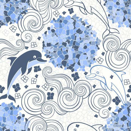矢量图片 海豚，海浪，绣球花 白色