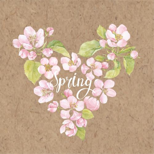 原创位图 水彩苹果花与叶植物学心形组合，配以kraft纸上“spring”的刻字