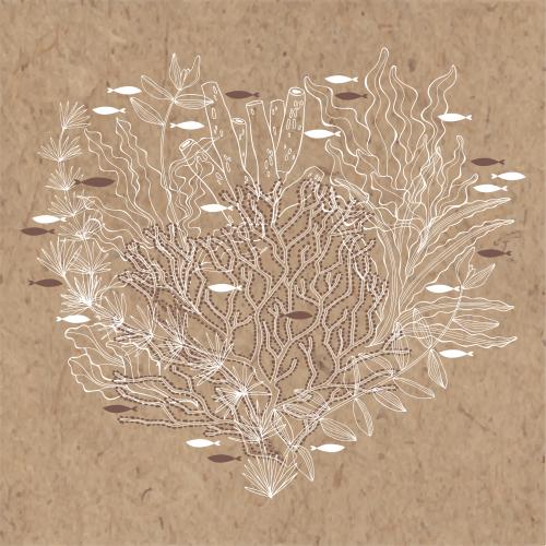 矢量图片 海景主题水草珊瑚小鱼心形牛皮纸装饰画