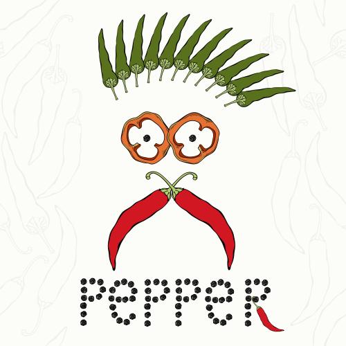 胡椒。矢量图 辣椒拼成的卡通脸加上英文pepper字样