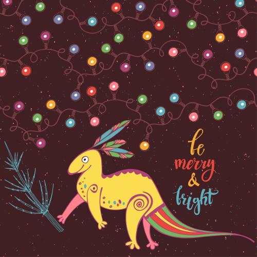恐龙。矢量图 卡通恐龙，彩灯，写有“be merry and bright”的彩色