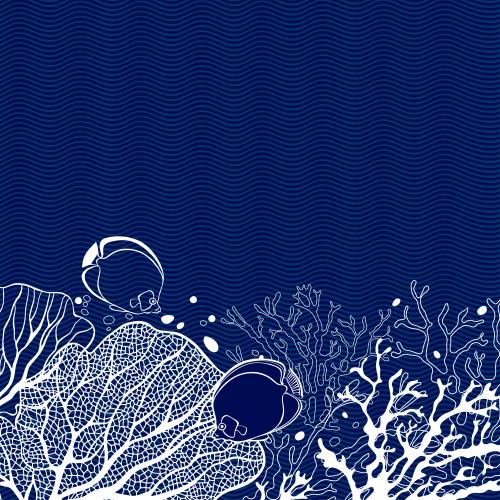 矢量图片 珊瑚、海藻、热带鱼、蓝色波浪上的文字空间