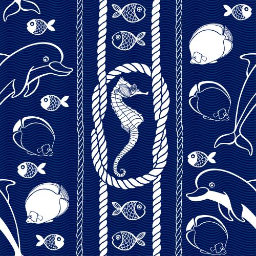 矢量图片 海洋生物、海用绳索和蓝色波浪上的结