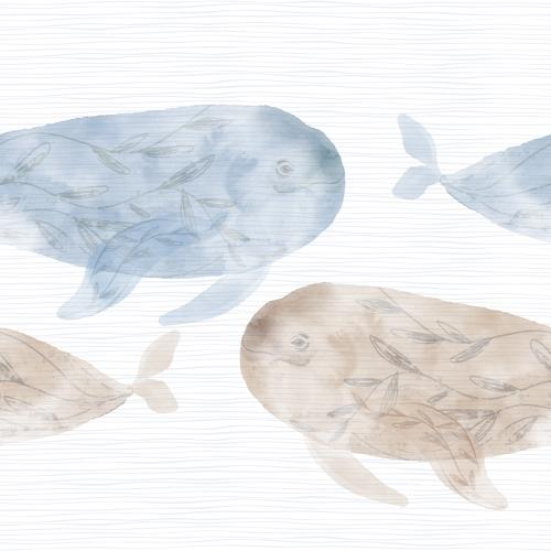 原创位图 装饰性水彩鲸鱼，白底波浪