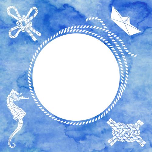 纸船。矢量图 蓝颜彩绘圆形绳编相框 海马纸船结绳文字装饰