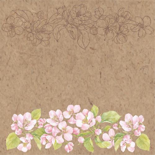 原创位图 水彩苹果花叶轮廓，牛皮纸文字空间