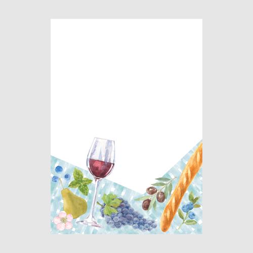 原创位图 水彩酒杯，长棍面包，葡萄，蓝莓枝，梨，餐桌上的橄榄，白色上的文字位置