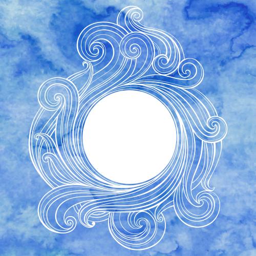 矢量图片 装饰波浪，圆形白色文字区域在蓝色水彩背景上