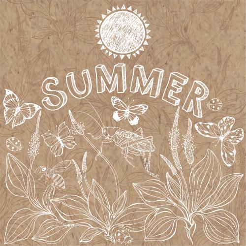 蜜蜂。矢量图 车前草, 蝴蝶, 蚱蜢, 瓢虫, 蜜蜂, 太阳, 牛皮纸上的"summer"字样