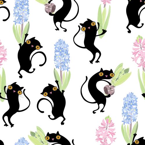 矢量图片 可爱的卡通黑猫与风信子白色背景