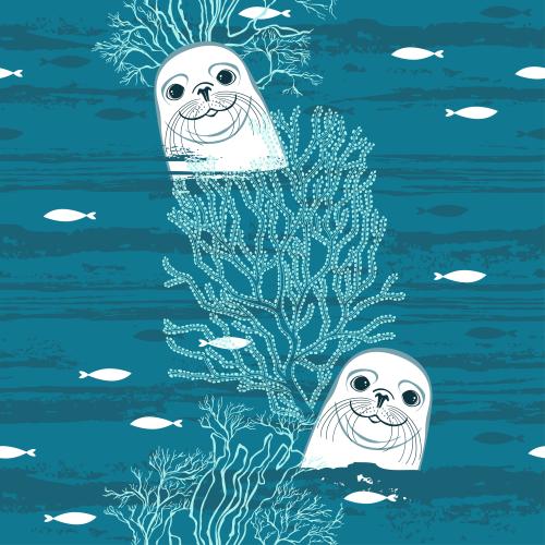 海豹。矢量图 可爱的小海豹，小鱼，水下植物，蓝色海浪