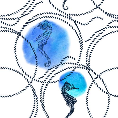 水彩风格。矢量图 海事圆形绳索-海马-白底圆形水彩图案