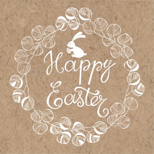 桉树。矢量图 圆形装饰性桉树枝复活兔与彩蛋相框配牛皮纸Happy Easter文字