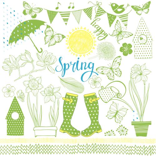 蒲公英。矢量图 春日主题彩色配饰套装，白色背景上印有‘Happy Spring’字样