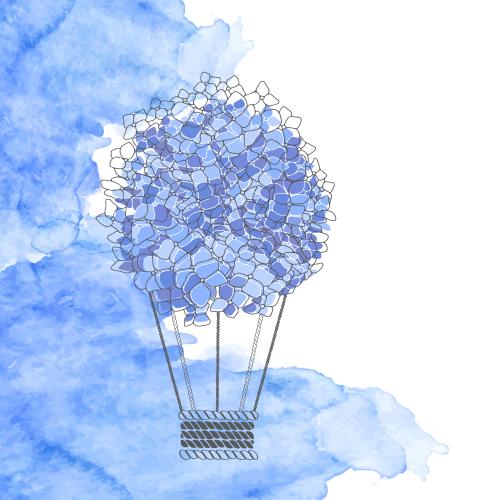 绣球花。矢量图 花卉气球，绣球花，蓝色水彩碎片，白色文字区