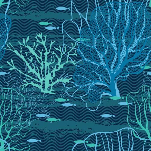 矢量图片 珊瑚、海藻、鱼儿、蓝天上的波浪