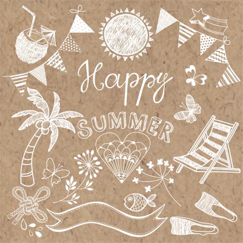 潜水蛙鞋。矢量图 海滩度假的符号和元素，牛皮纸上的Happy Summer字样