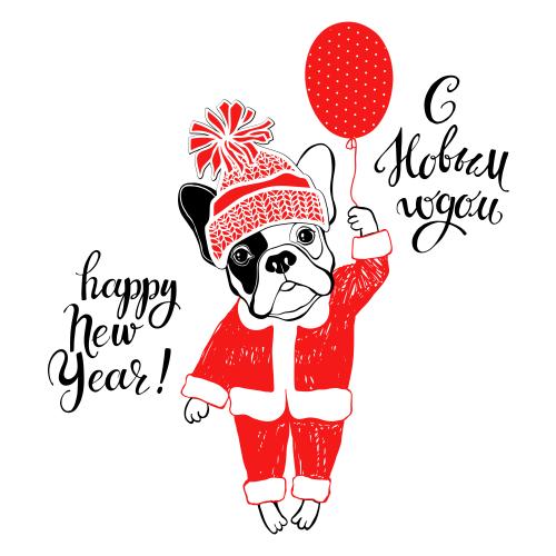 狗。矢量图 动画风格穿着圣诞老人服装并带着气球的法国斗牛犬，白色背景上配有俄语和英语的新年祝福