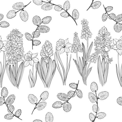 葡萄风信子。矢量图 春季花卉：蓝壶花、风信子、水仙和白色柳枝