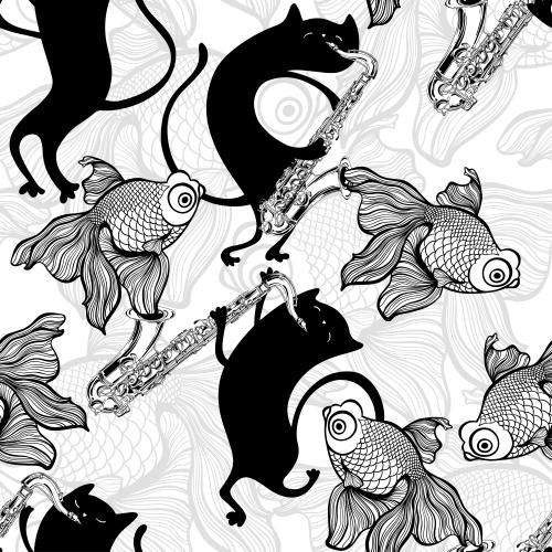 矢量图片 卡通猫与萨克斯管，白底色的鱼