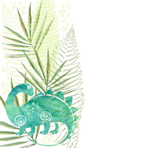 原创位图 水彩恐龙 棕榈叶和蕨类植物 白色文字框区域