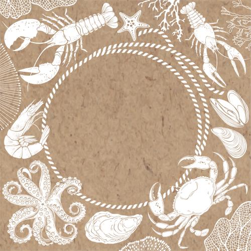 小龙虾。矢量图 八爪鱼, 螃蟹, 贻贝, 牡蛎, 龙虾, 小龙虾, 虾, 珊瑚, 海星, 圆形海绳卡纸框架