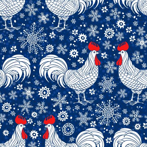 公鸡。矢量图 蓝色波点背景上的公鸡和雪花图案圆圈