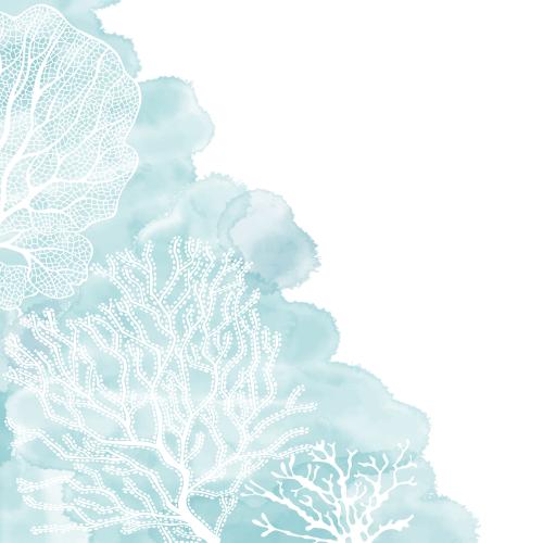 矢量图片 浅蓝色水彩背景上的珊瑚，白色文字区域，角落组合