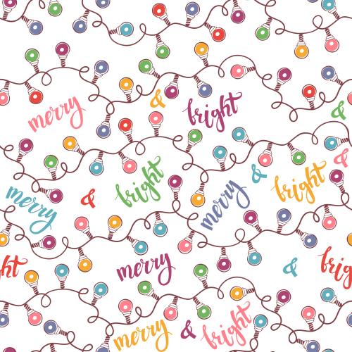 花环。矢量图 彩灯串灯饰 白色背景上带有merry和bright字样
