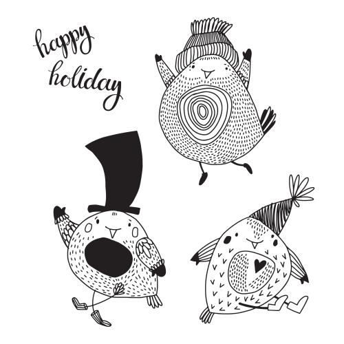 生日。矢量图 三只可爱的卡通小鸟搭配白色happy holiday文字