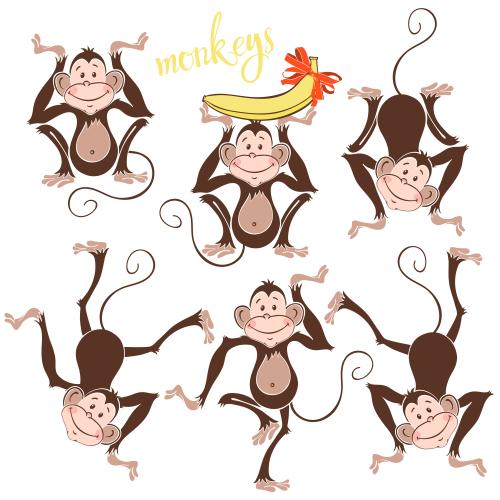 矢量图片 六个可爱的动画造型小猴子白色背景上